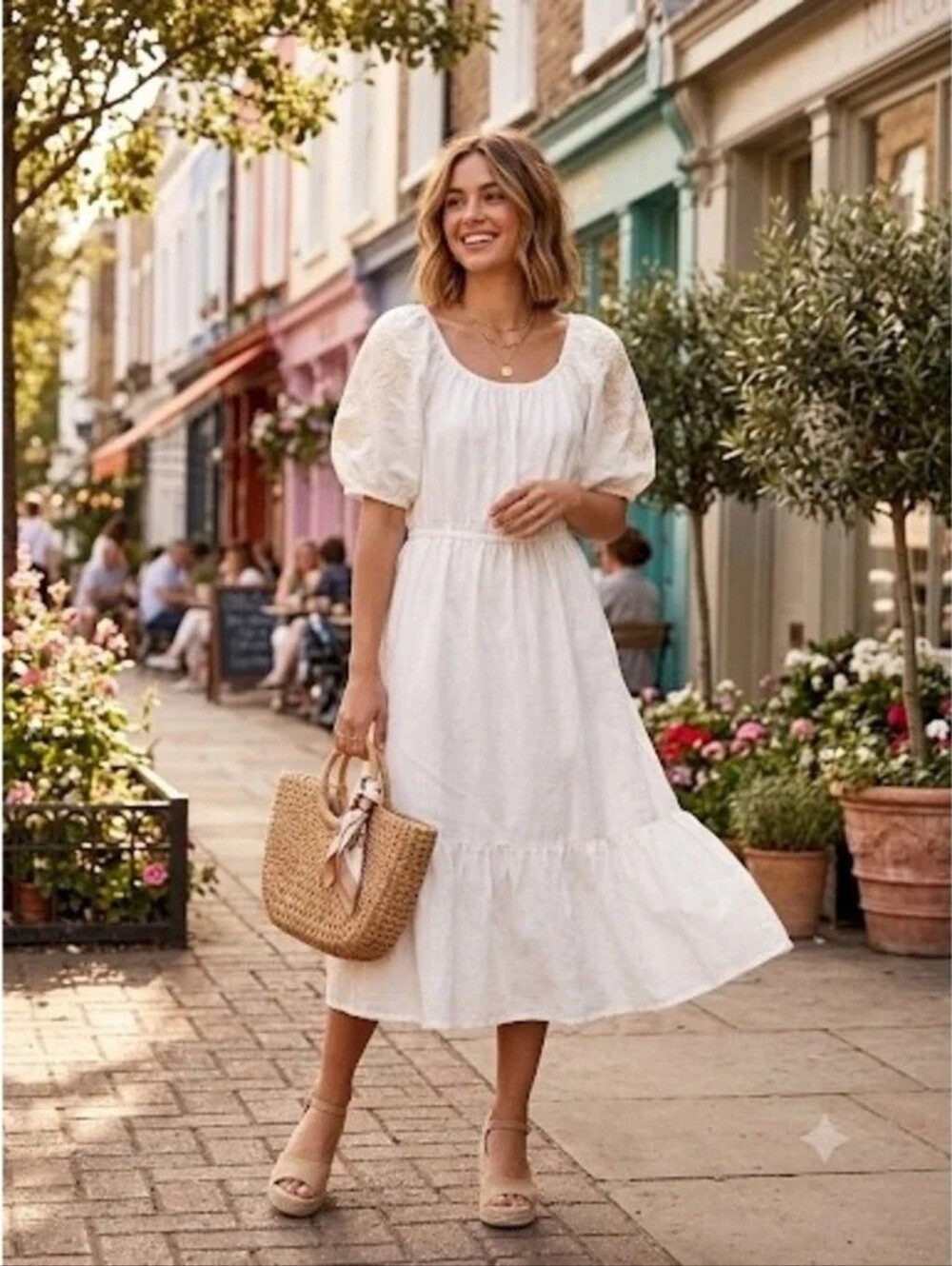 Knox Rose Women's Cotton Viscosa White Puff Sleeve Midi Embroidered Dress Size M